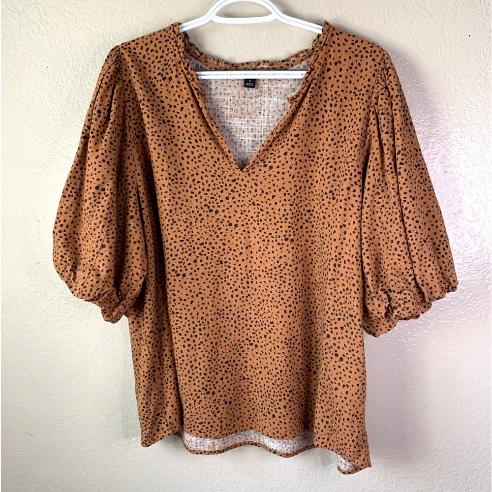Ann Taylor Factory Rust Blue Dalmation Linen Blend Puff Sleeve Blouse Si…